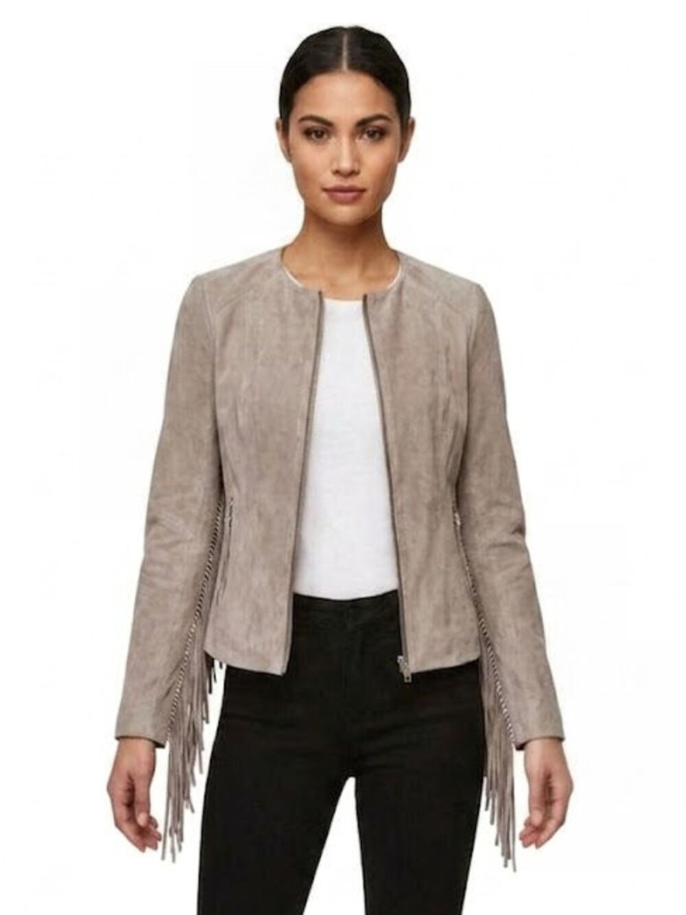 SOIA & KYO Gray Gilda Fringed Suede Jacket In Desert, Women's Size X-Small